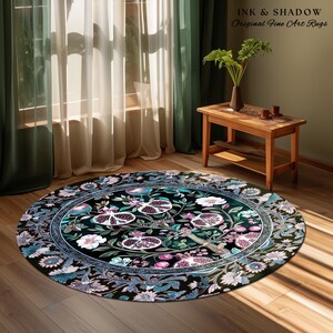 Enchanted Floral Pomegranate Rug Whimsigothic Botanical Witch Cottagecore Decor, Witchy Dark Academia Indigo Blue Forestcore Art Nouveau Rug imagem 15