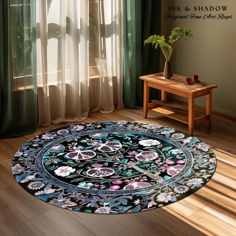 Enchanted Floral Pomegranate Rug Whimsigothic Botanical Witch Cottagecore Decor, Witchy Dark Academia Indigo Blue Forestcore Art Nouveau Rug imagem 15