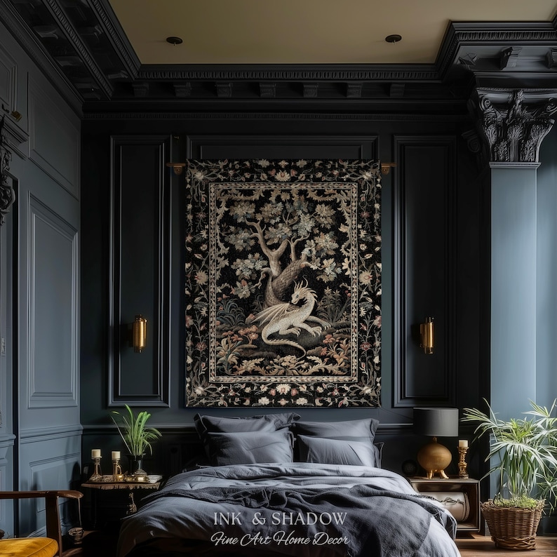 May include: A rectangular wall tapestry featuring a central illustration of a white dragon resting beneath a large tree, surrounded by a detailed floral border on a black background. The text INK & SHADOW Fine Art Home Decor is visible.
