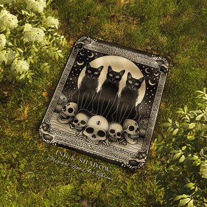 Mystic Black Cats Gothic Tapestry Blanket Dark Academia Skull Throw | Celestial Occult Aesthetic Cat Tapestry Urban Grunge Witchy Wall Art image 9