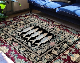 Eclectic Sardine Art Area Rug | Ornate Whimsical Coastal Design Maximalist Marine Art Ocean-Inspired Beach House Bedroom Accent Fish Decor
