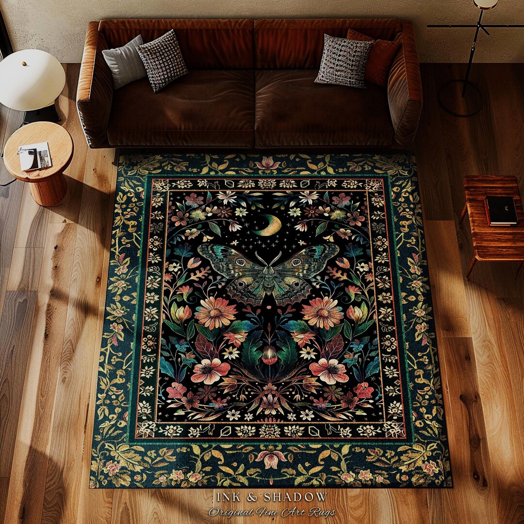 Large Moth Rug Mystic Moonlit Garden Moth Rug Whimigothic Fairycore Decor Dark Floral ...