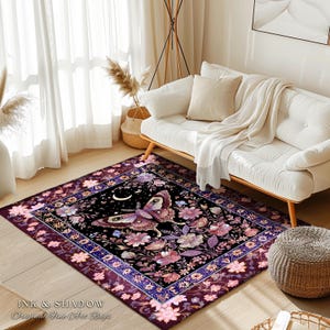 Purple Moth Celestial Rug Boho Fairycore Dark Floral Decor | Enchanted Fairy Cottagecore Butterfly Lovers Moth Moon Rug Whimsical Goth Gift Bild 5