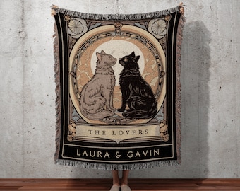 Custom Tarot Cat Tapestry | Cat Couple Tarot Card Blanket Personalized Anniversary Gift | Celestial Art Nouveau Tarot Card Custom Couples |