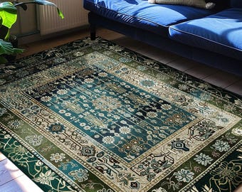 Sage Green Boho Area Rug | Aestheetic Living Room Pastel Blue Home Decor Rustic Housewarming Gift Cottagecore Forest Green Bedroom Mat