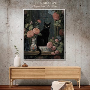Floral Cat Blanket Woven Tapestry Gothic Decor | Dark Floral Black Cat Woven Blanket Fine Art Wall Art Funny Tapestry Whimsigoth Room Decor image 3