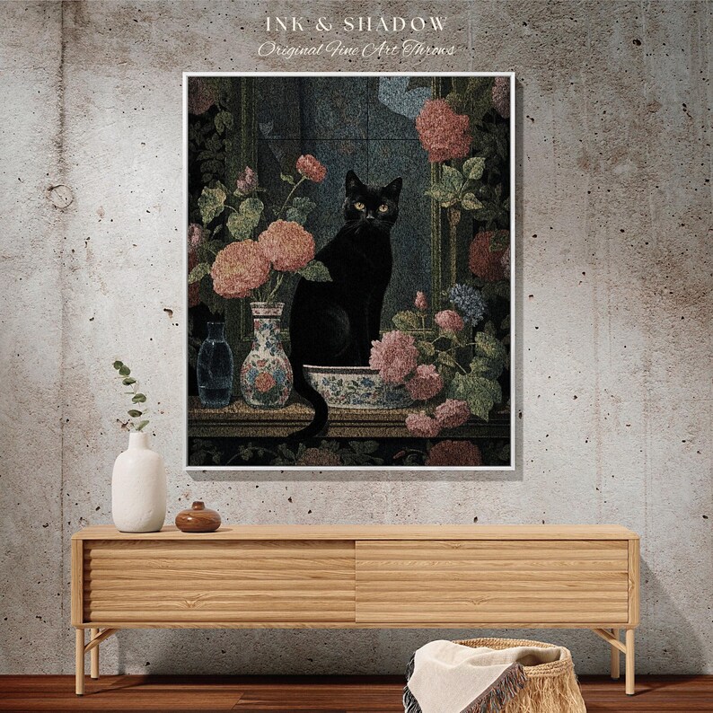 Floral Cat Blanket Woven Tapestry Gothic Decor | Dark Floral Black Cat Woven Blanket Fine Art Wall Art Funny Tapestry Whimsigoth Room Decor image 3