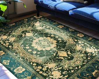 Classical Victorian Green Accent Rug | Vibrant Colors Forest Green Area Rug Floral Elegance Ornate Bohemian Style Baroque Emerald Green |