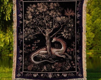Goblincore Dragon Throw Blanket | Medieval Fairytale Inspired Nursery Decor Morris Style Cottagecore Fairycore Woven Throw Tapestry Gothic |