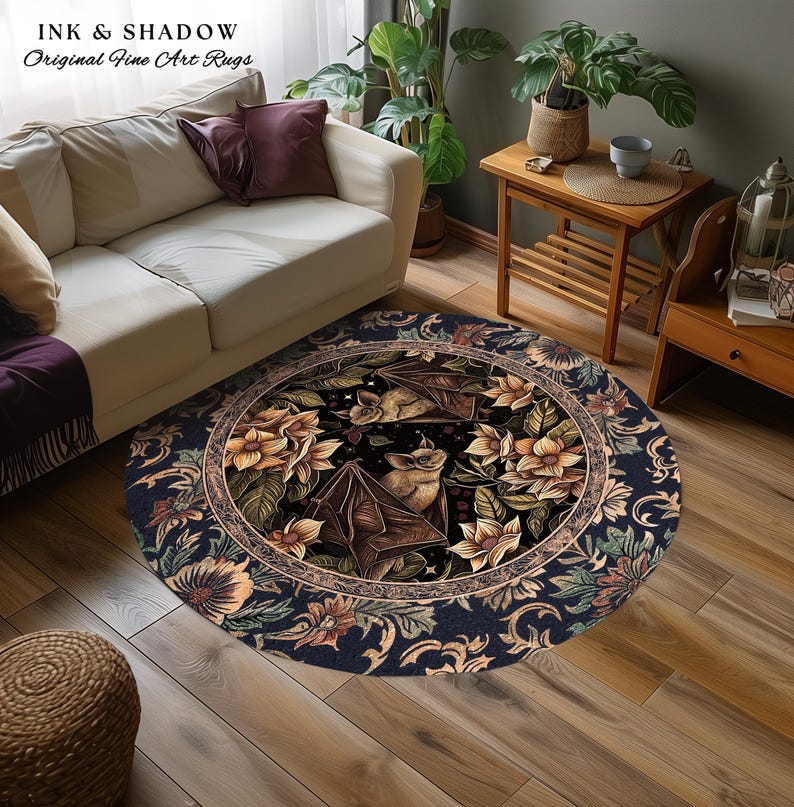 Dark Academia Mystic Bat Rug Woodland Gothic Victorian Decor | Enchanted Forest Bat Lover Nature Rug Celestial Boho Floral Cottagecore Decor image 13