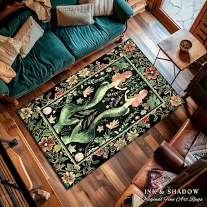 Enchanted Ocean Mermaid Floral Sea Life Rug | Vintage Emerald Green Whimsical Coastal Cottagecore Art Nouveau Underwater Fantasy Ocean Decor 画像 15