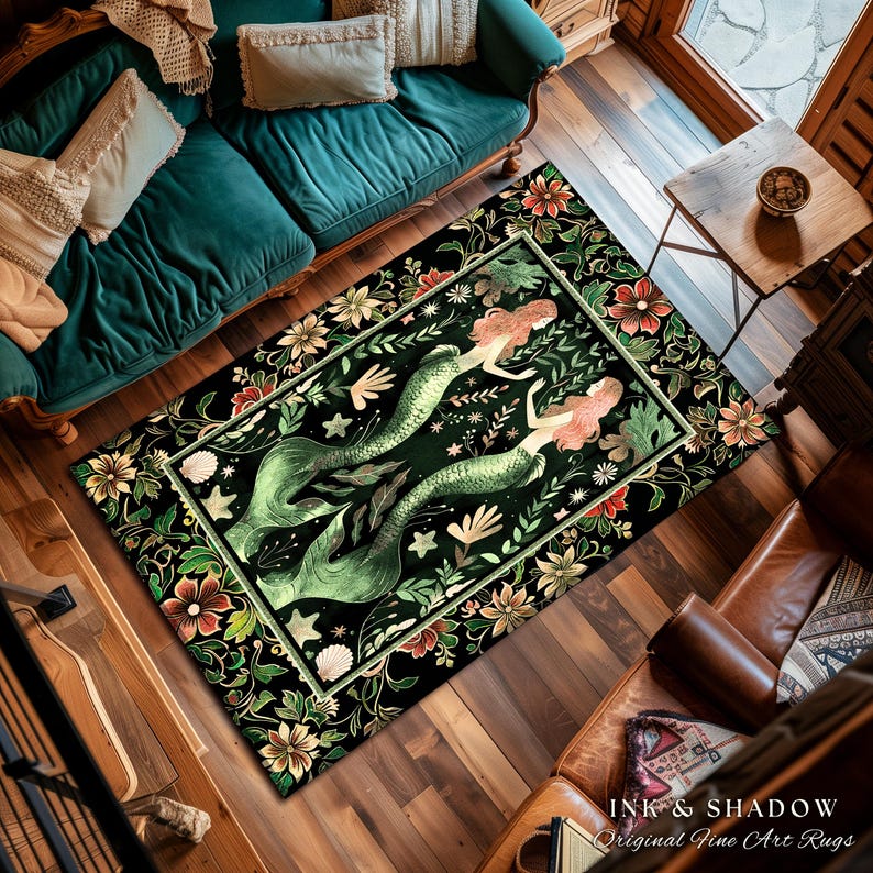 Enchanted Ocean Mermaid Floral Sea Life Rug | Vintage Emerald Green Whimsical Coastal Cottagecore Art Nouveau Underwater Fantasy Ocean Decor 画像 15