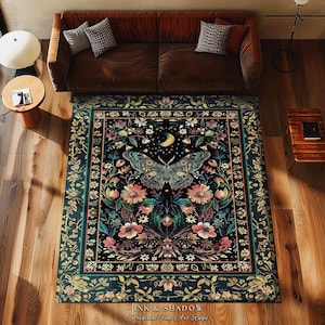 Mystic Moonlit Garden Moth Rug Whimigothic Fairycore Decor | Dark Floral Witchy Moth Rug Whimsical Home Decor Butterfly Cottagecore Rug Gift