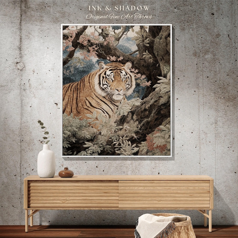 Vintage Tiger Blanket Woven Tapestry | Gothic Renaissance Blanket Woven Blanket Jungle Cat | Whimsigoth Room Decor Jungle Aesthetic Blanket image 3