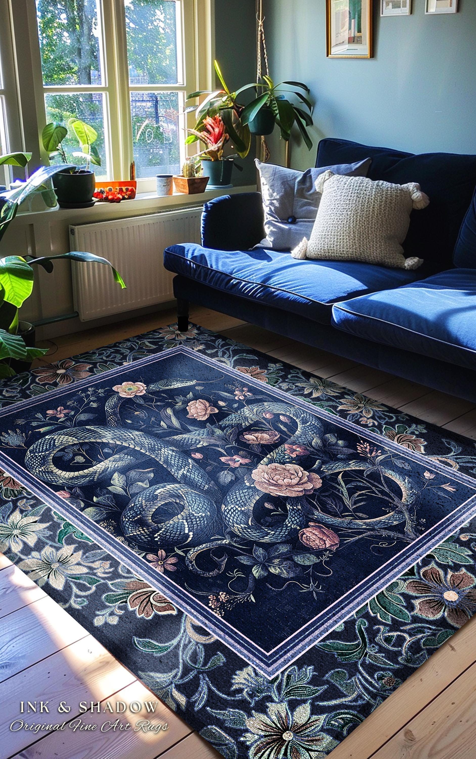 Midnight Blue Dark Floral Serpent Rug Whimsical Vintage Botanical