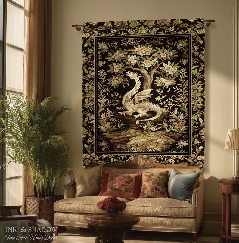 May include: A rectangular wall tapestry featuring a central white dragon illustration set against a black background with a detailed floral border. The artwork depicts a dragon perched on a rocky landscape beneath a flowering tree, framed by intricate botanical motifs.