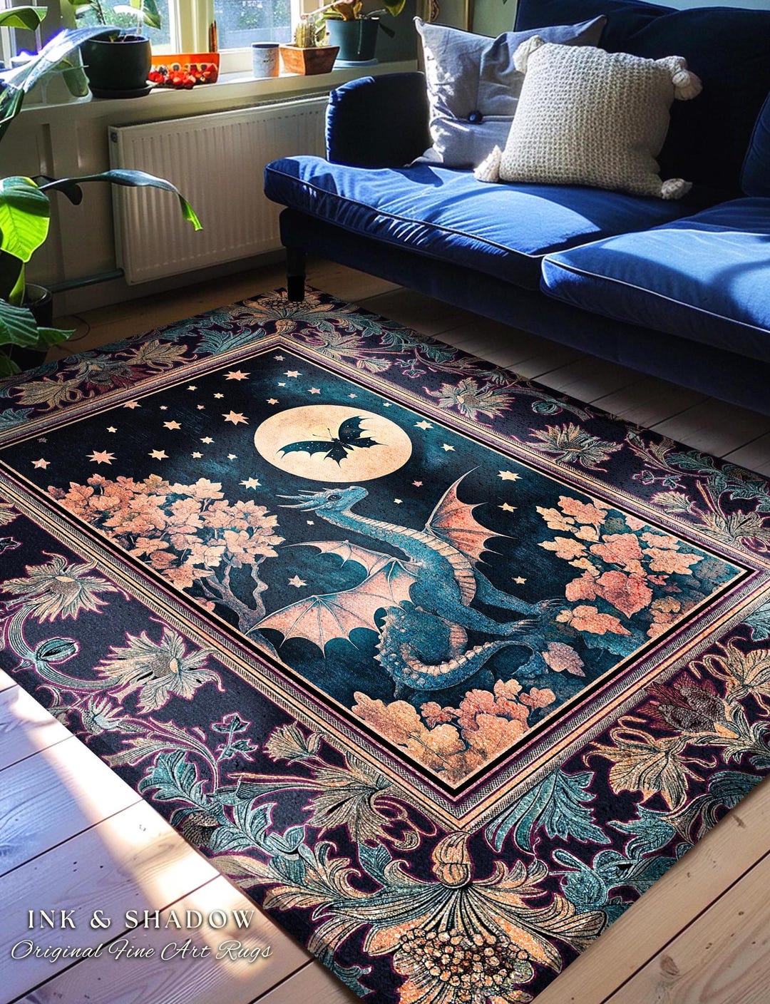 Magical Forest Rug Enchanted Fall Forest Celestial Dragon Rug Whimsical Starry Night ...