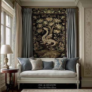 May include: A white daybed with five decorative pillows sits beneath a large rectangular wall tapestry featuring a dragon and floral tree motif on a black background. The tapestry is flanked by blue curtains, and the text Ink & Shadow Fine Art Home Decor is visible at the bottom.