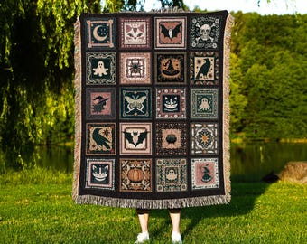 Retro Whimsigothic Spooky Throw Cute | Dark Academia Blanket Boho Halloween Tapestry Whimsigothic Pumpkin Season Aesthetic Gift for Goths