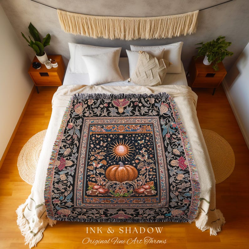 Baroque Elegance Fall Pumpkin Blanket | Aesthetic Fall Throw Spooky Season Gothiccore Witchy Cozy Autumn Blanket Rustic Fall Tapestry Woven image 10
