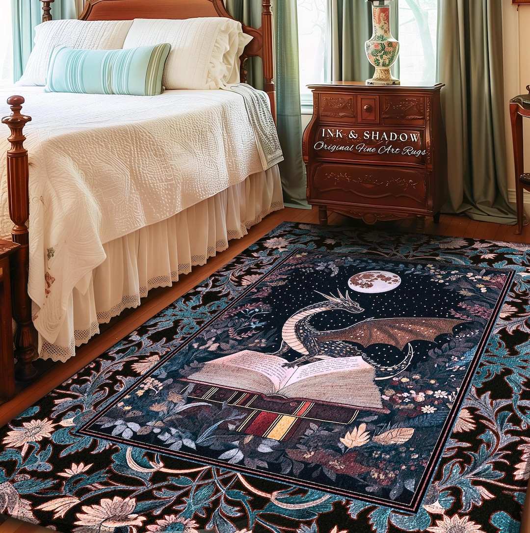 Reading Rug Drawing Reading Rug Ethereal Dragon Decor | Whimsical Bedroom Dark Academia ...