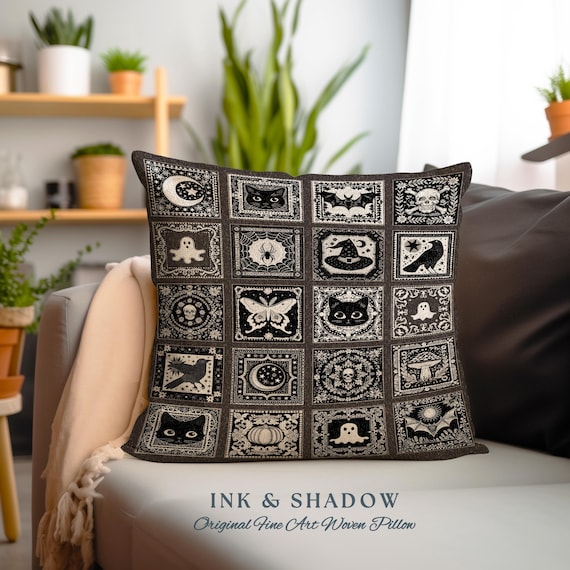 Witchy Woven Pillow Spooky Creepy Witch Decor | Cute Halloween Tapestry Pillow Scary Spooky Season Nights Goth Gifts Dark Aesthetic Decor.