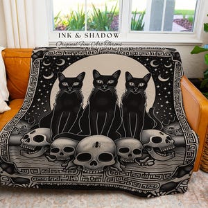 Mystic Black Cats Gothic Tapestry Blanket Dark Academia Skull Throw | Celestial Occult Aesthetic Cat Tapestry Urban Grunge Witchy Wall Art image 3