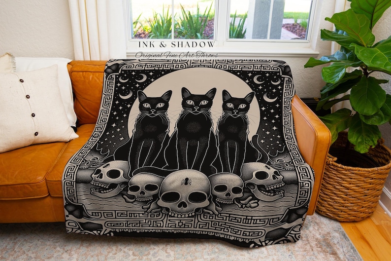 Mystic Black Cats Gothic Tapestry Blanket Dark Academia Skull Throw | Celestial Occult Aesthetic Cat Tapestry Urban Grunge Witchy Wall Art image 3