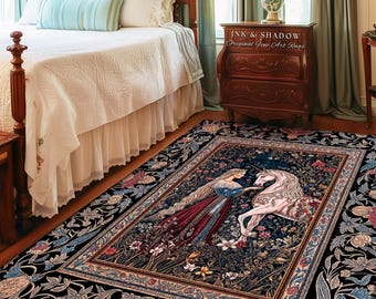 May include: A rectangular area rug with a black background and a floral border. The rug features a central design of a woman and a unicorn. The woman wears a blue and red dress. The rug is in a bedroom setting.