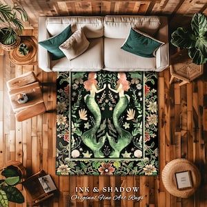 Enchanted Ocean Mermaid Floral Sea Life Rug | Vintage Emerald Green Whimsical Coastal Cottagecore Art Nouveau Underwater Fantasy Ocean Decor 画像 14