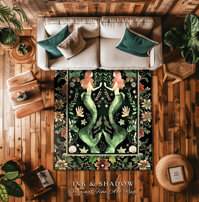 Enchanted Ocean Mermaid Floral Sea Life Rug | Vintage Emerald Green Whimsical Coastal Cottagecore Art Nouveau Underwater Fantasy Ocean Decor 画像 14