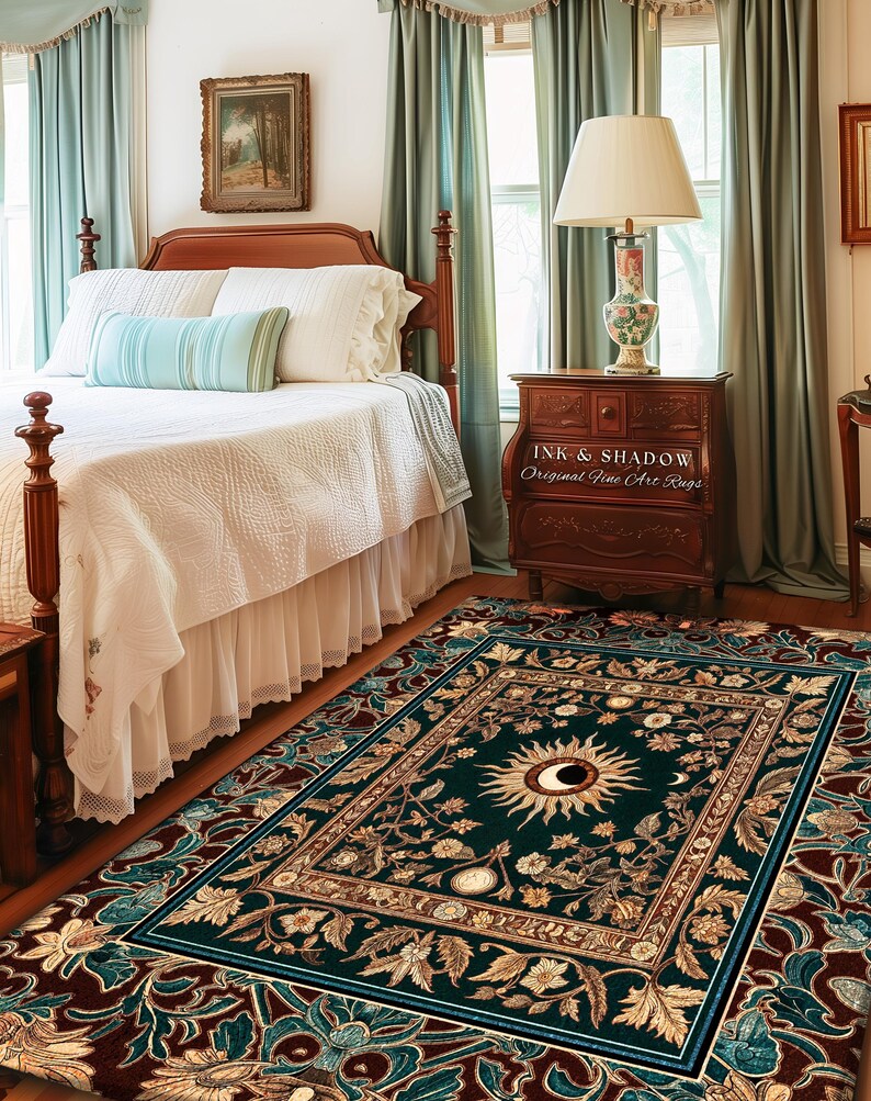 Moon and Sun Ethereal Bohemian Rug | Celestial Tarot Aesthetic Zodiac Inspired Floral Maximalist Bedroom Ethereal Astrology Witchy Area Rug image 9