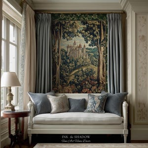 May include: A white daybed with five decorative pillows sits beneath a large wall tapestry depicting a castle in a forest. The tapestry features green, brown, and tan tones. The text "INK & SHADOW Fine Art Home Decor" is printed at the bottom.