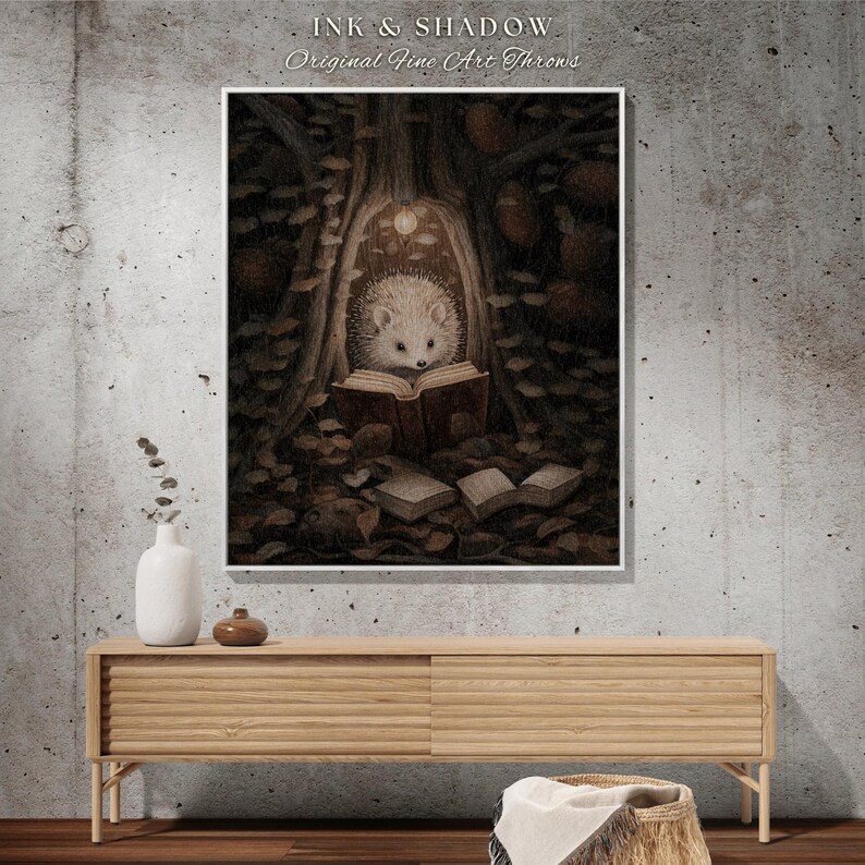 Hedge Hog Book Nook Blanket | Forestcore Dark Woodland Cottagecore Tapestry Woven Mystical Bookish Gift for Reader Cozy Throw Hedgehog Lover image 10