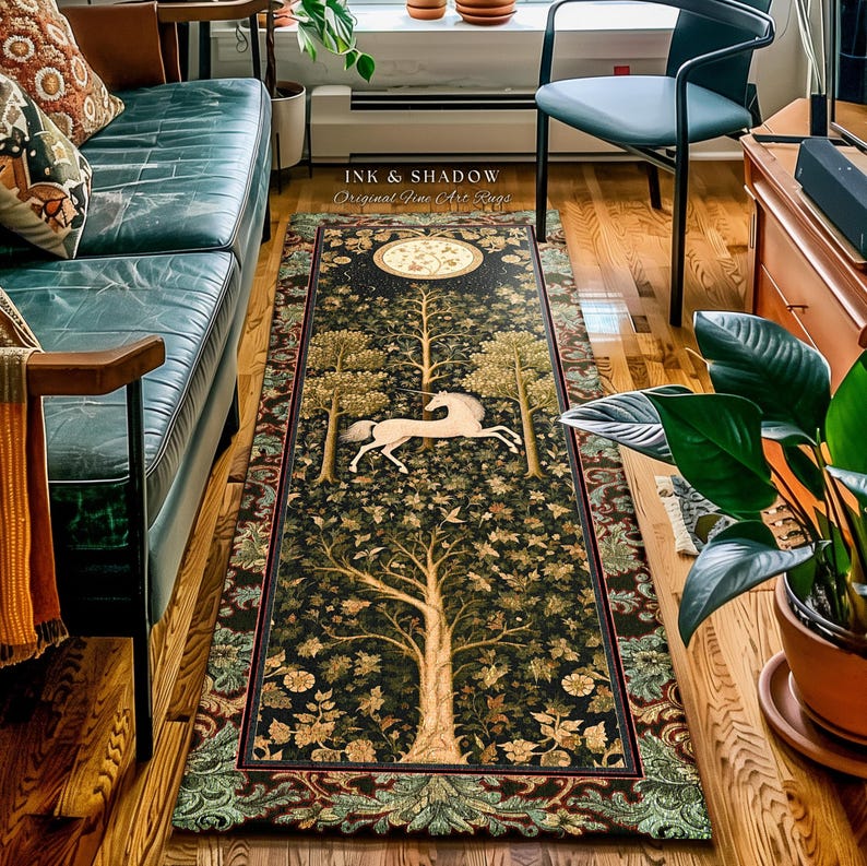 Magic Aesthetic Unicorn Runner Rug Cottagecore Style, Dark Academia Folklore Decor Gothic Maximalist Fantasy Art Enchanted Fairytale Accent Bild 10
