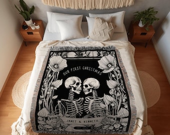 Gothic Couple Custom Gift 'Our First Christmas' Personalized Tapestry | Gothic Wedding Custom Blanket Woven | Spooky Wedding Gift Custom Art