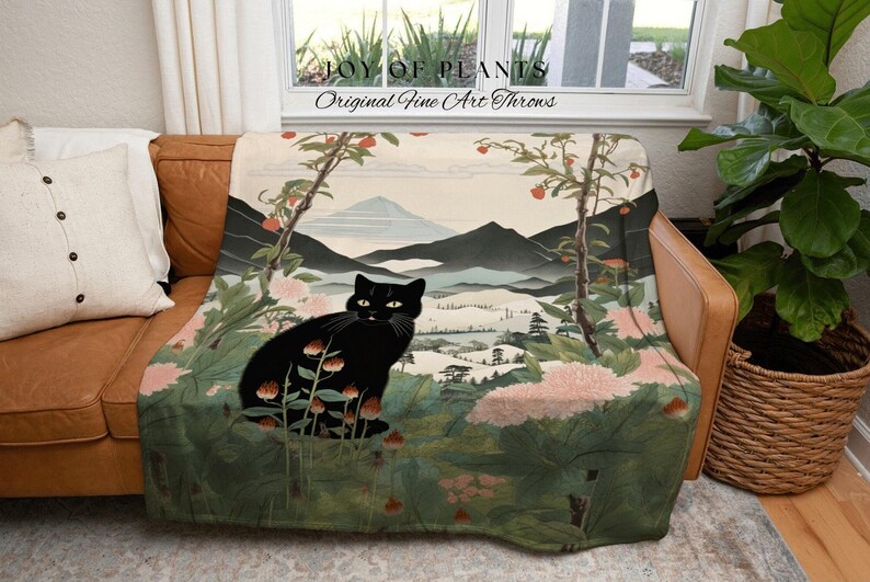Vintage Cat Tapestry Blanket Woven | Japanese Tapestry Boho Room Decor Blanket | Autumn Decor Tapestry Black Cat Blanket Dorm Room Decor | zdjęcie 7