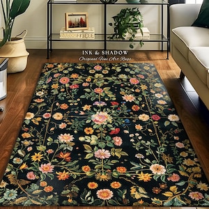 Dark Academia Wildflower Rug | Floral Aesthetic Ornate Gothic Home Decor Whimsical Rustic Housewarming Gift Dark Academia Ethereal Bedroom |