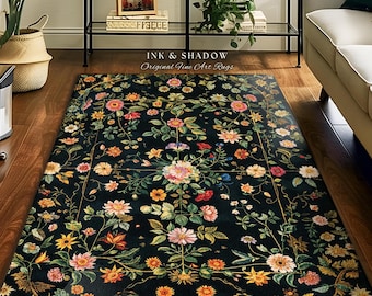 Dark Academia Wildflower Rug | Floral Aesthetic Ornate Gothic Home Decor Whimsical Rustic Housewarming Gift Dark Academia Ethereal Bedroom |