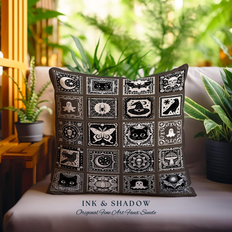 May include: A brown throw pillow with a black and white pattern of various Halloween icons, including a cat, a ghost, a spider, a bat, a witch's hat, a pumpkin, and a crescent moon. The pillow is made of faux suede and has the text "INK & SHADOW Original Fine Art Faux Suede" printed on the bottom.