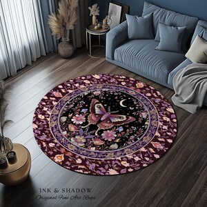 Purple Moth Celestial Rug Boho Fairycore Dark Floral Decor | Enchanted Fairy Cottagecore Butterfly Lovers Moth Moon Rug Whimsical Goth Gift Bild 14