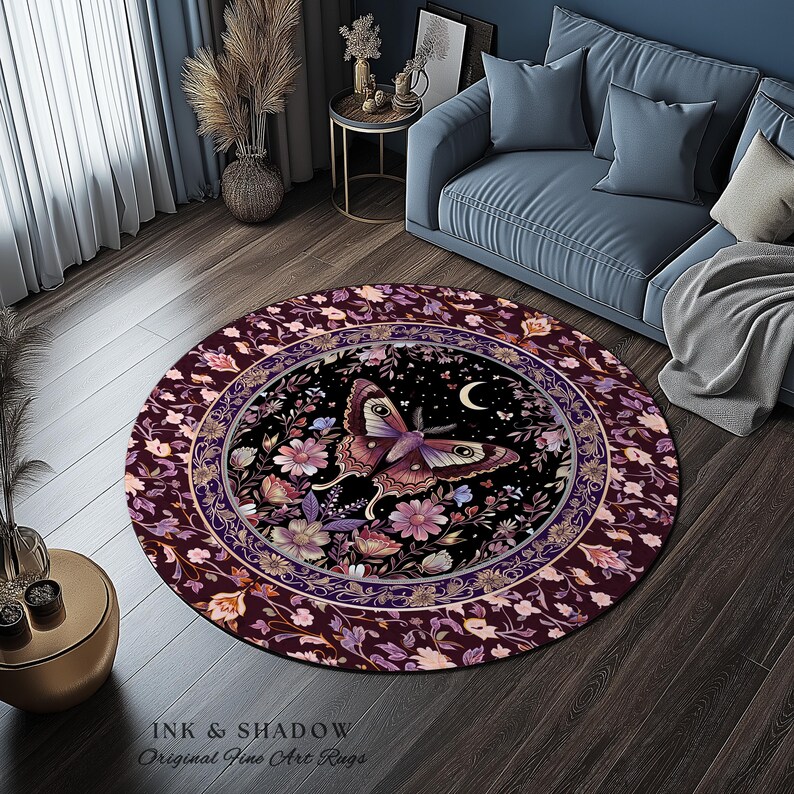 Purple Moth Celestial Rug Boho Fairycore Dark Floral Decor | Enchanted Fairy Cottagecore Butterfly Lovers Moth Moon Rug Whimsical Goth Gift Bild 14