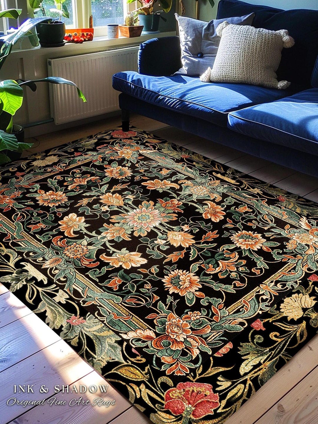 Peachy Rustic Rug Peachy Floral Area Rug | Dark Floral Woodland Living Room Home Decor ...