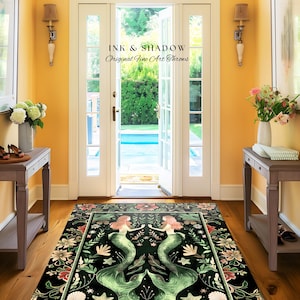 Enchanted Ocean Mermaid Floral Sea Life Rug | Vintage Emerald Green Whimsical Coastal Cottagecore Art Nouveau Underwater Fantasy Ocean Decor 画像 17