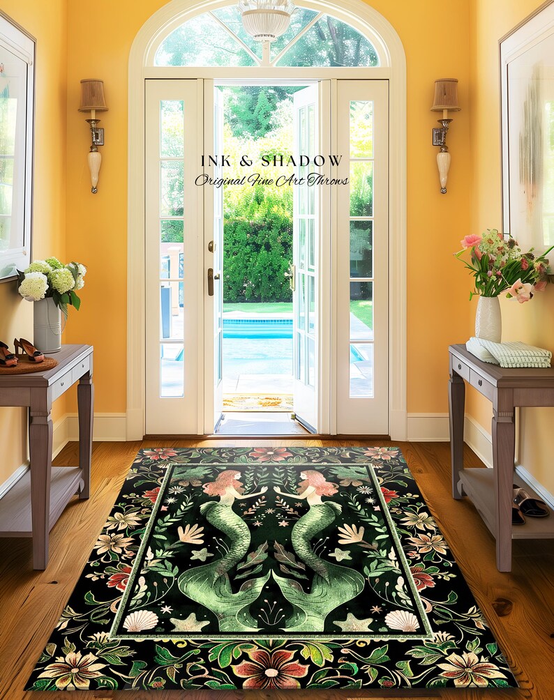 Enchanted Ocean Mermaid Floral Sea Life Rug | Vintage Emerald Green Whimsical Coastal Cottagecore Art Nouveau Underwater Fantasy Ocean Decor 画像 17
