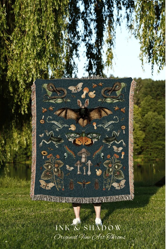 Dark Cottagecore Decor Gothic Tapestry |  Goblincore Decor Goth Tapestry Teal Blanket Throw | Witchy Decor Bedroom Goth Blanket Woven Throw