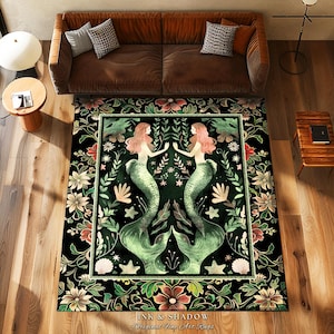 Enchanted Ocean Mermaid Floral Sea Life Rug | Vintage Emerald Green Whimsical Coastal Cottagecore Art Nouveau Underwater Fantasy Ocean Decor 画像 12