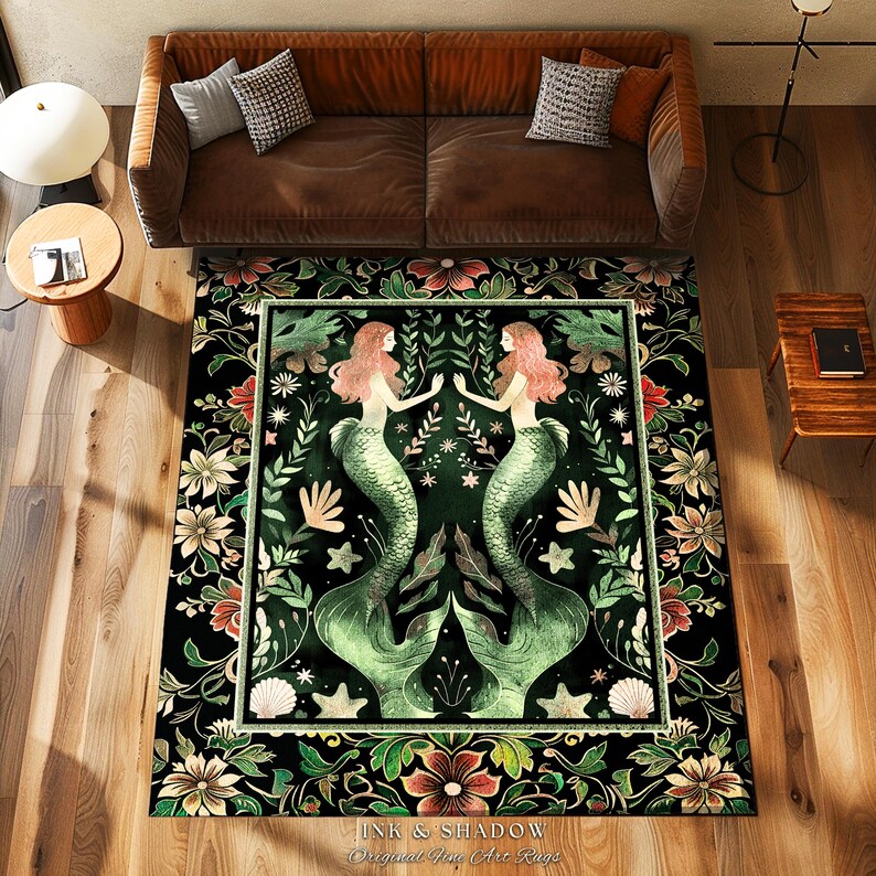 Enchanted Ocean Mermaid Floral Sea Life Rug | Vintage Emerald Green Whimsical Coastal Cottagecore Art Nouveau Underwater Fantasy Ocean Decor 画像 12