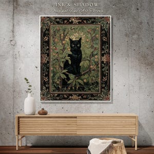 Black Cat Botanical Blanket | Dark Floral Bedroom Decor Cottagecore Reading Corner Gothic Tapestry Woven Dark Fairycore Room Woodland Art image 10