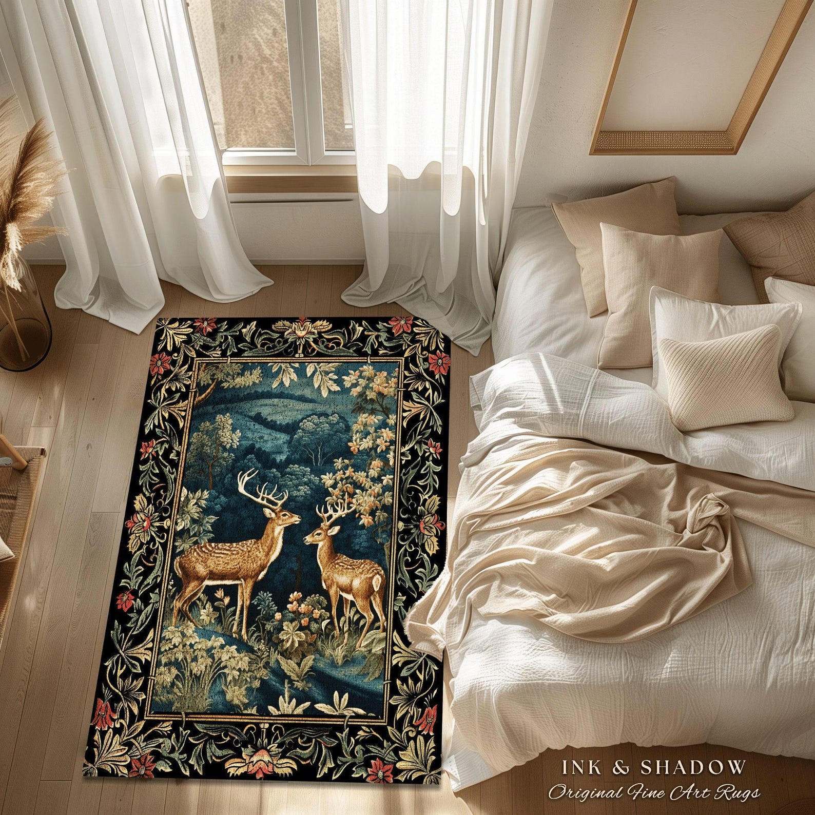 Enchanted Forest Deer Rug Round Vintage Aesthetic Dark Floral Woodland ...